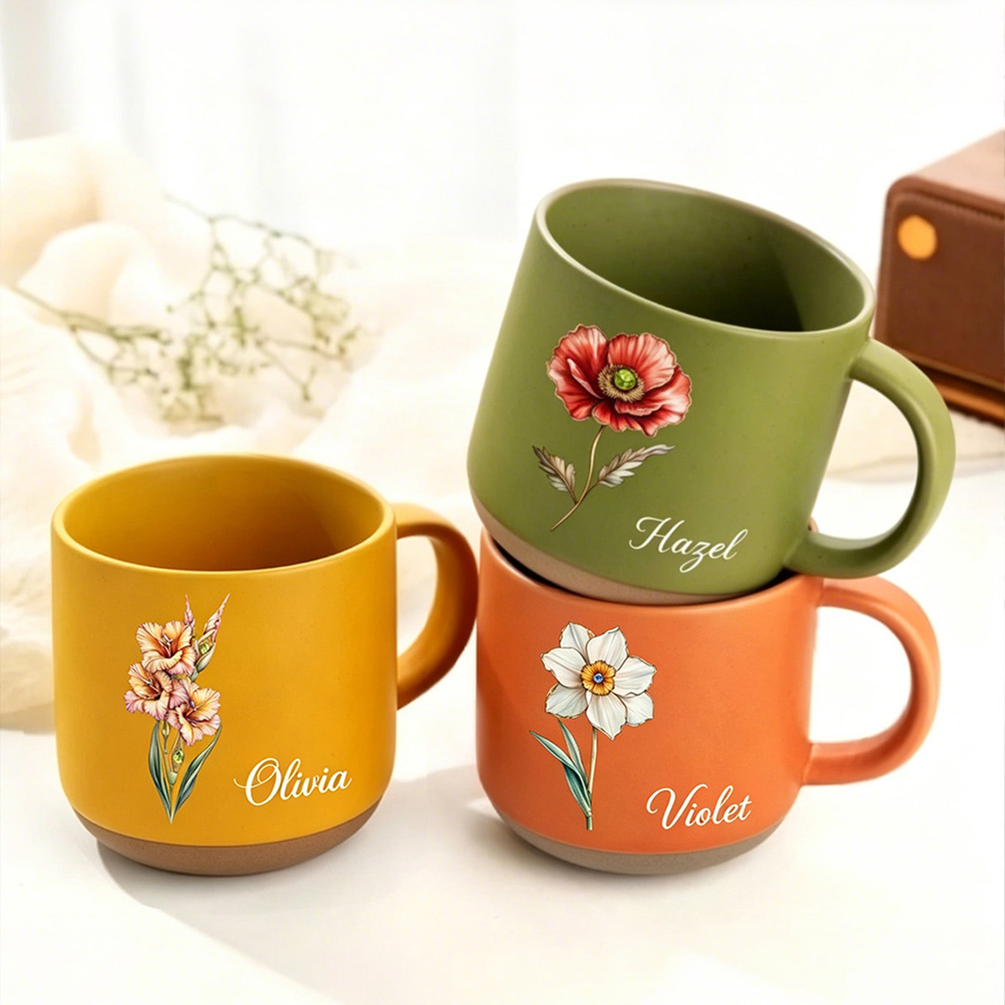 Taza de cerámica personalizada inspirada en la flor de nacimiento 11.8 oz con nombre Uso diario Día de la Madre Cumpleaños Regalo para mamá Mujer