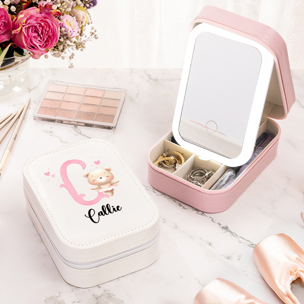 Caja de joyería de cuero personalizada de la bailarina del animal lindo con el espejo ajustable del maquillaje del tres-color LED Regalo de cumpleaños para los amantes del ballet