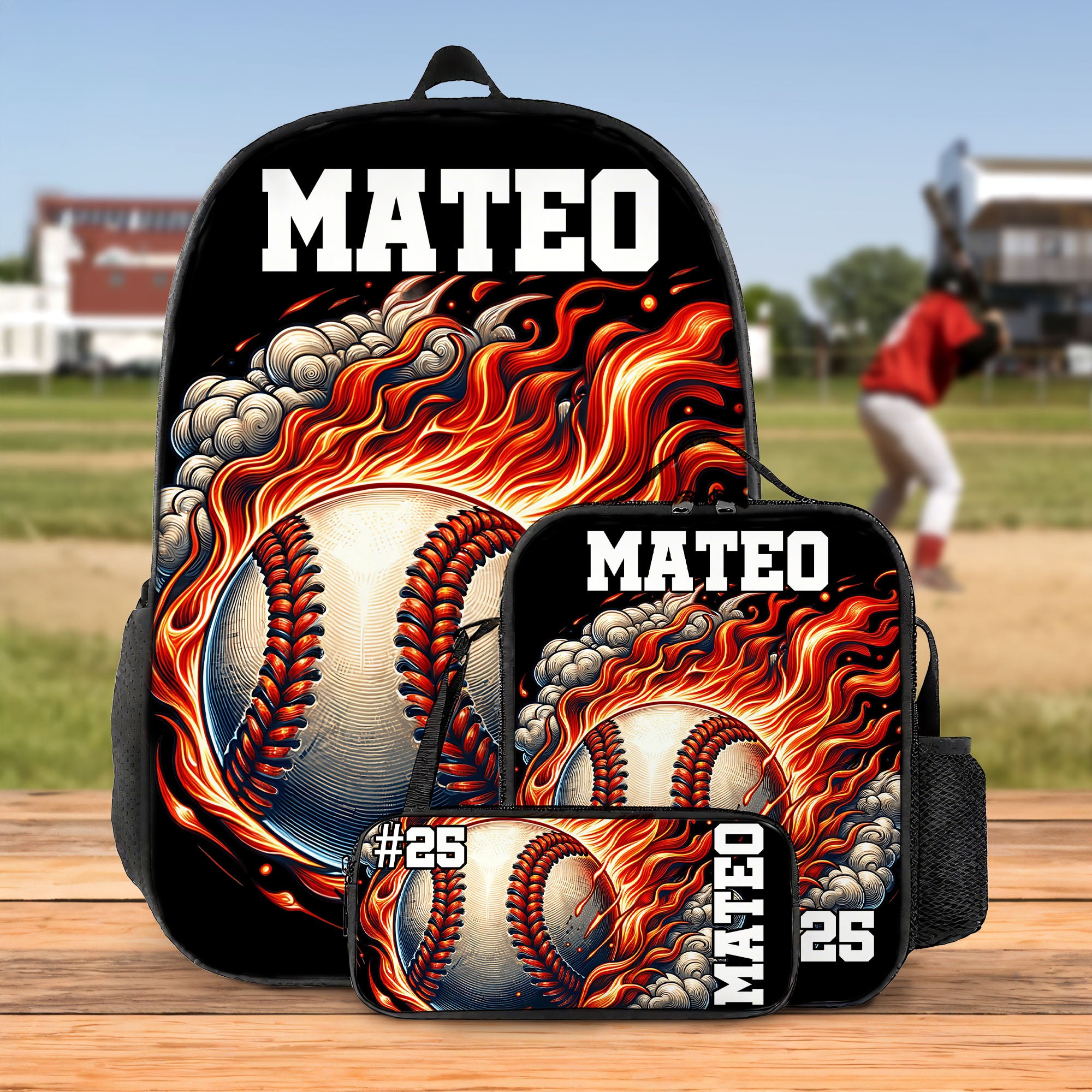 Personalizado 3D Thunder Heat Béisbol Baloncesto Mochila Bolsa de almuerzo Estuche con nombre de vuelta a la escuela Regalo de cumpleaños para los niños de pelota amante de los deportes