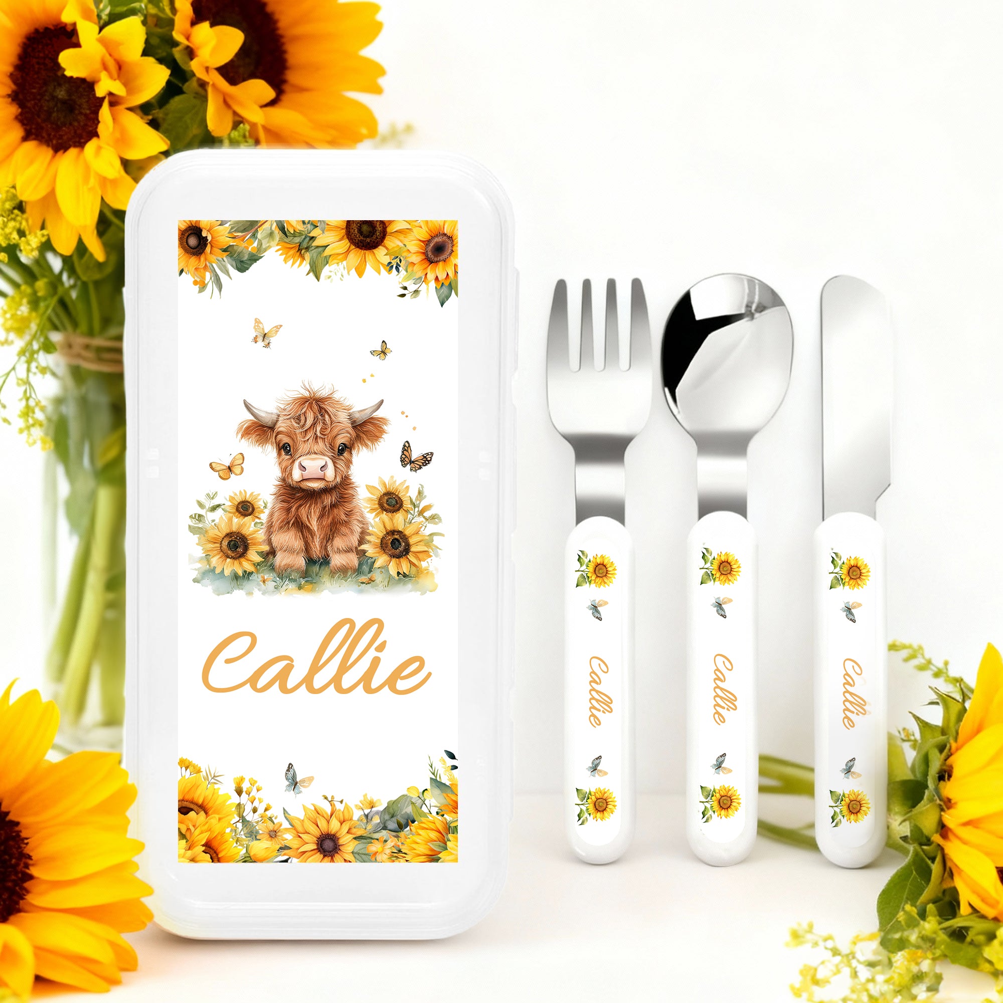Personalizado lindo Highland Vaca Girasol Tenedor Cuchara Cuchillo 3 piezas Juego de cubiertos con el nombre y el caso de Navidad Cumpleaños Regalo para Niños Niñas