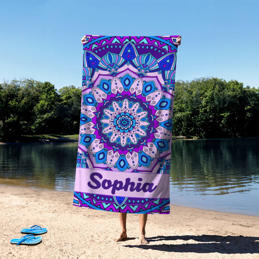 Toalla de playa personalizada Mandala estilo bohemio de secado rápido con nombre Esenciales de viaje Fiesta en la playa Regalo de cumpleaños para mujeres Hombres