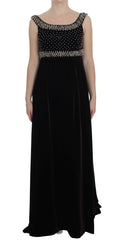 Women's Crystal-Embellished Velvet Gown Black Rayon Glass Cotton