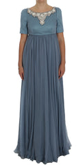 Women's Blue Silk Crystal Sheath Gown Ball Dress