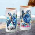 Vaso de vidrio esmerilado con nombre de tortuga marina floral personalizado de 20 oz con tapa de bambú y pajita Regalo de cumpleaños de uso diario para mujeres