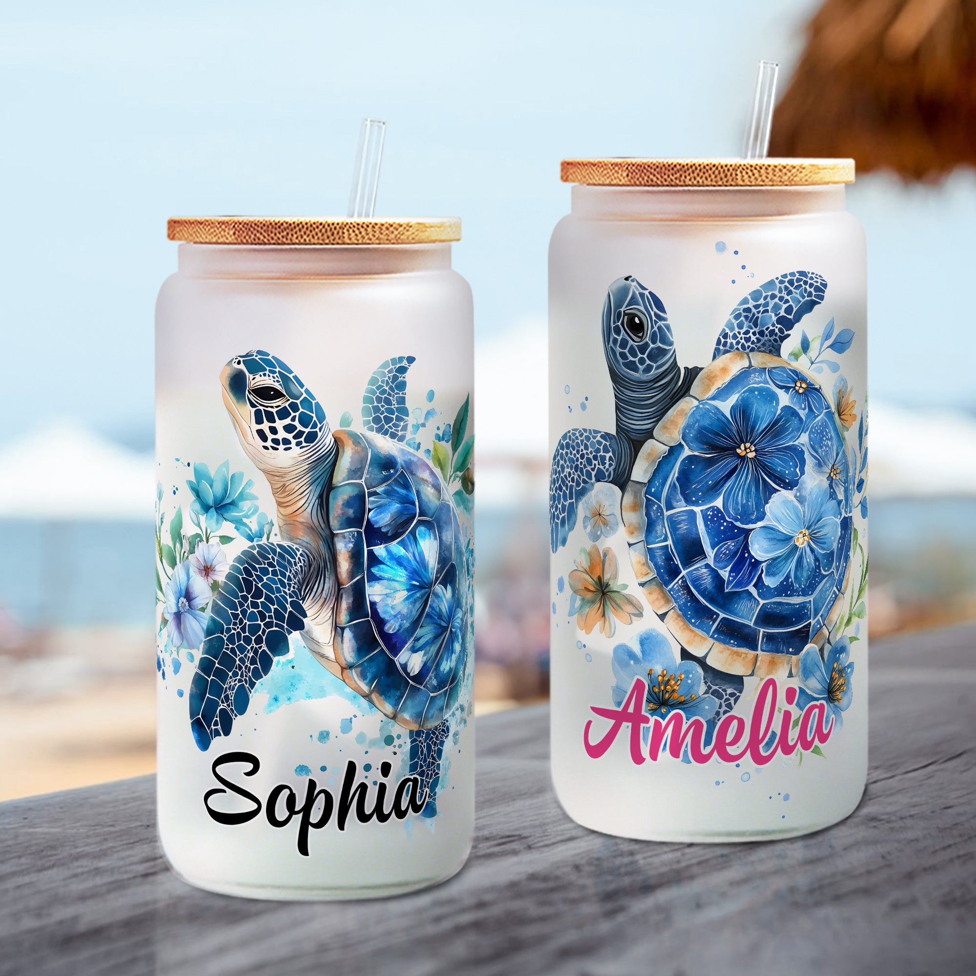 Vaso de vidrio esmerilado con nombre de tortuga marina floral personalizado de 20 oz con tapa de bambú y pajita Regalo de cumpleaños de uso diario para mujeres
