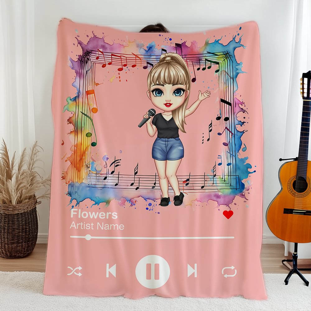 Personaje de dibujos animados personalizado Reproductor de música Manta suave con nombre Decoración del hogar Regalo de cumpleaños para amigos amantes de la música
