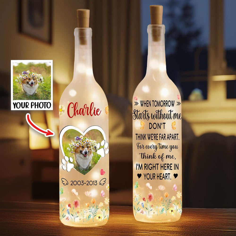 I'm Right Here In Your Heart (Estoy aquí en tu corazón) Floral Pet Paw Print Photo LED Bottle Lamp with Name Home Decor Pet Loss Sympathy Gift for Pet Owner (Estoy aquí en tu corazón)