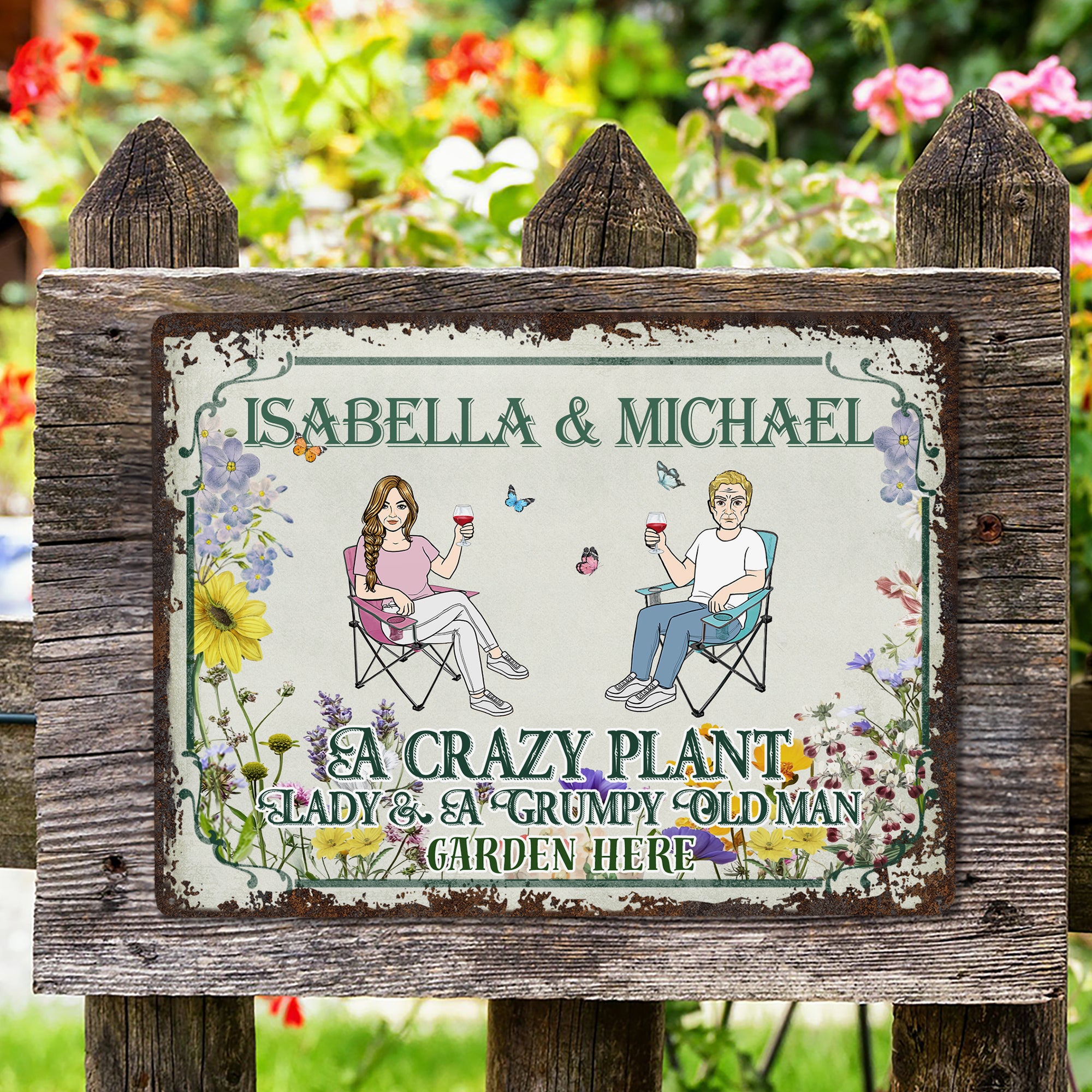 Personalizado Retro Sentado Personajes de dibujos animados Horizontal Señal de metal con nombre Jardín Puerta Decoración Cumpleaños Regalo para la abuela mamá Jardinería Amantes
