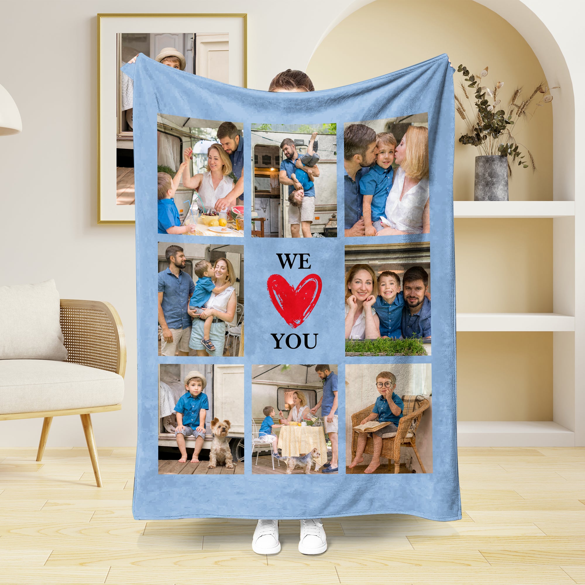 Manta suave personalizada multicolor We Love You con diseño de nueve rejillas y 8 fotos Decoración del hogar Regalo de cumpleaños Día de la Madre para la familia