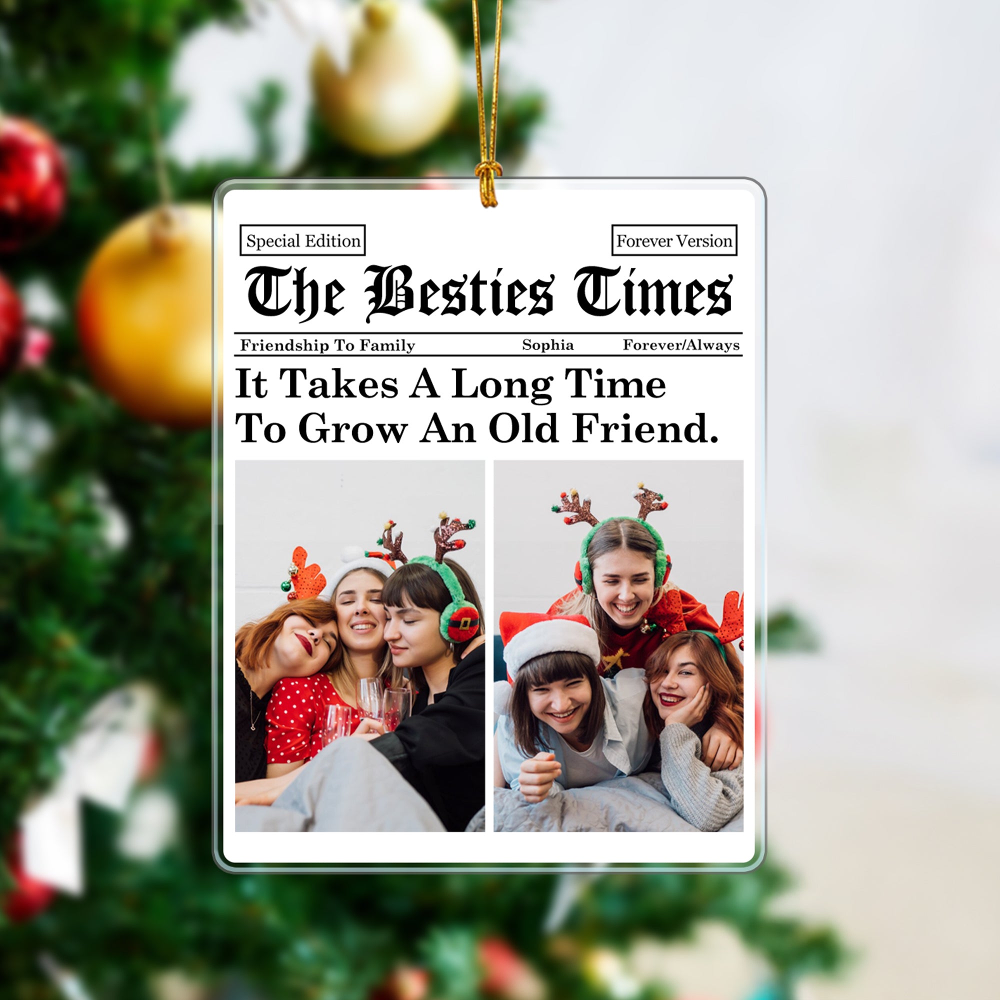 Personalizado The Besties Times Periódico Diseño 4 Fotos Acrílico Adorno con Texto Decoración del Árbol Navidad Cumpleaños Graduación Regalo para Amigos