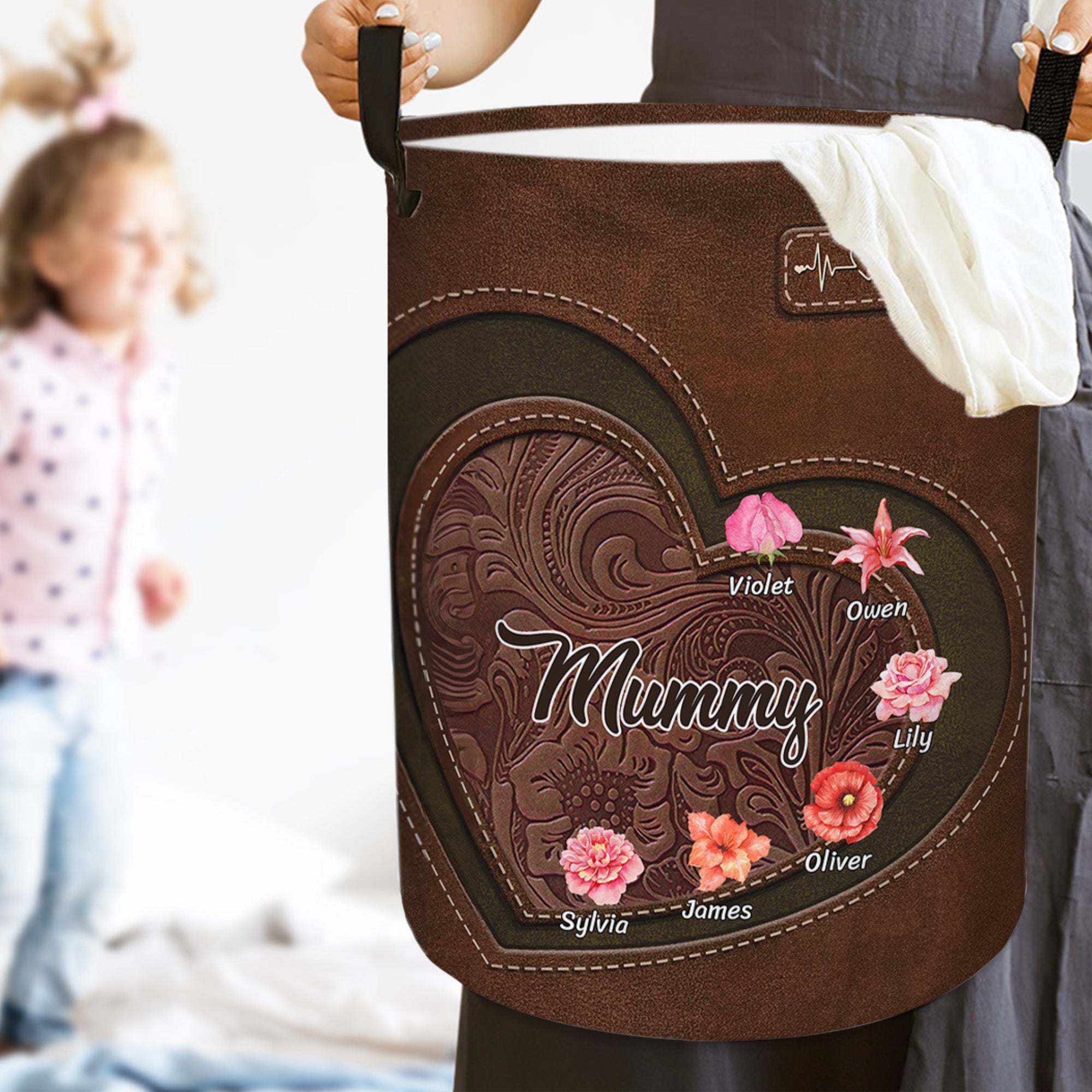 Personalizado Nacimiento Flor Impermeable Cesta de lavandería con asa y el nombre del título Cumpleaños inauguración de la casa Regalo para mamá abuela