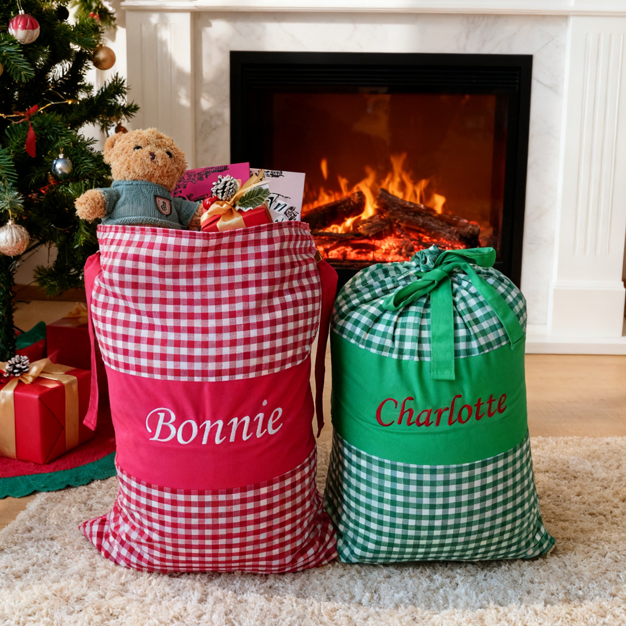 Bolsa de Navidad Personalizada Multicolor Suave Cordón 20" × 28" A Cuadros con Nombre Bordado Regalo de Navidad para Niños Familias