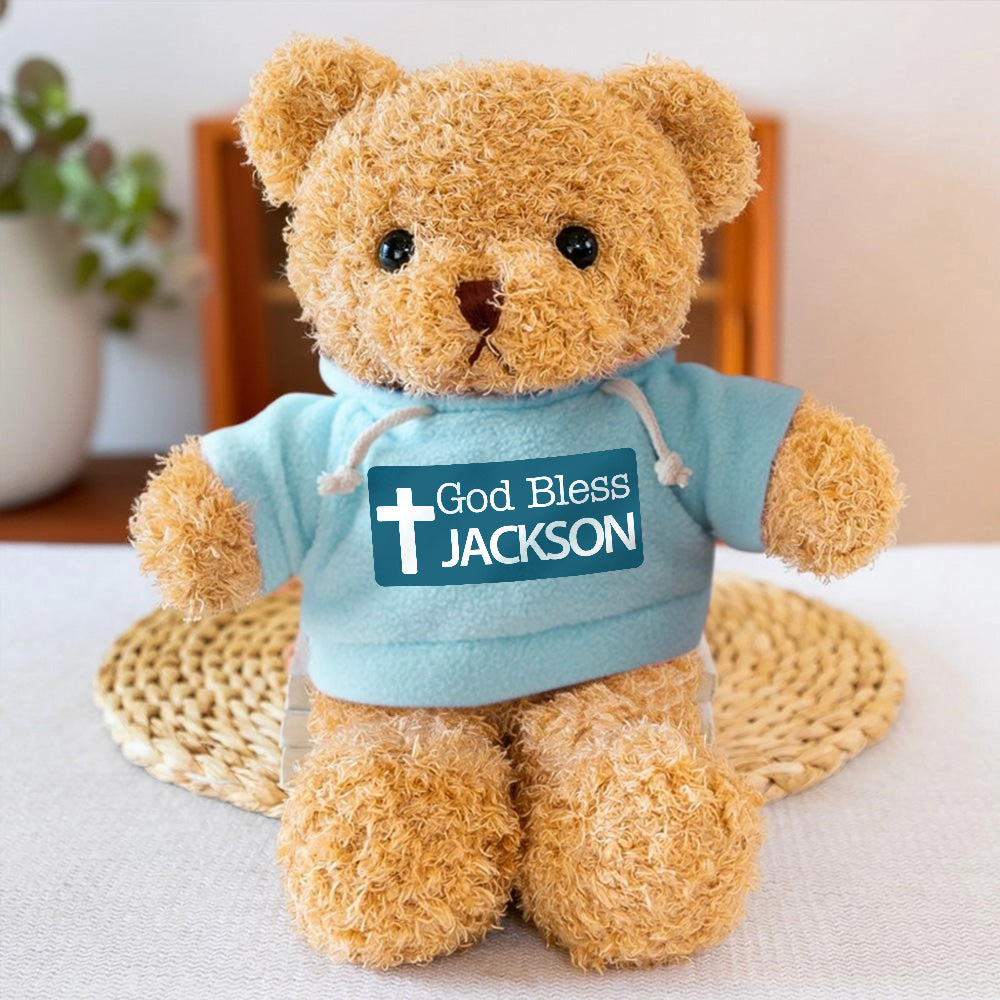 Cruz Personalizada Dios Bendiga Peluche Oso con Nombre Religioso Bautizo Primera Comunión Regalo para Niños Niñas