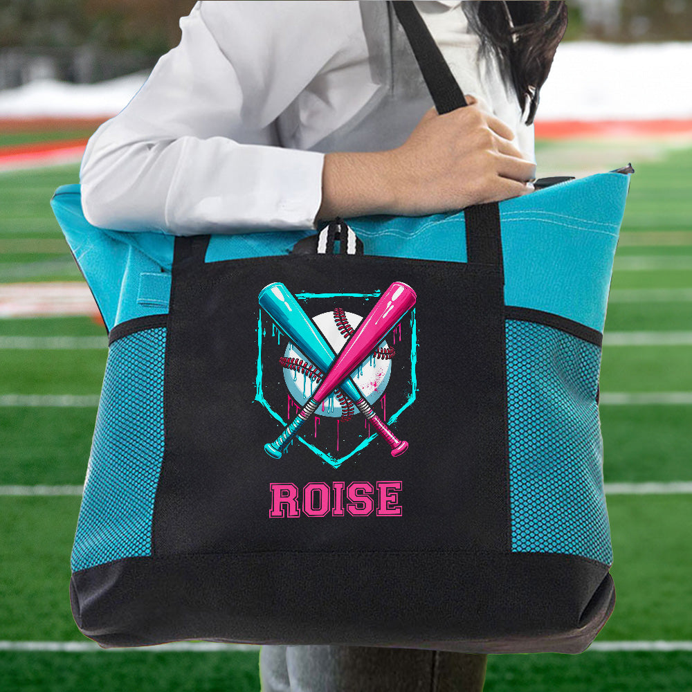 Goteo personalizado de béisbol Bolsa grande Oxford Tote con texto y bolsillos de malla Deporte esencial Día de Juego Regalo para los jugadores de béisbol