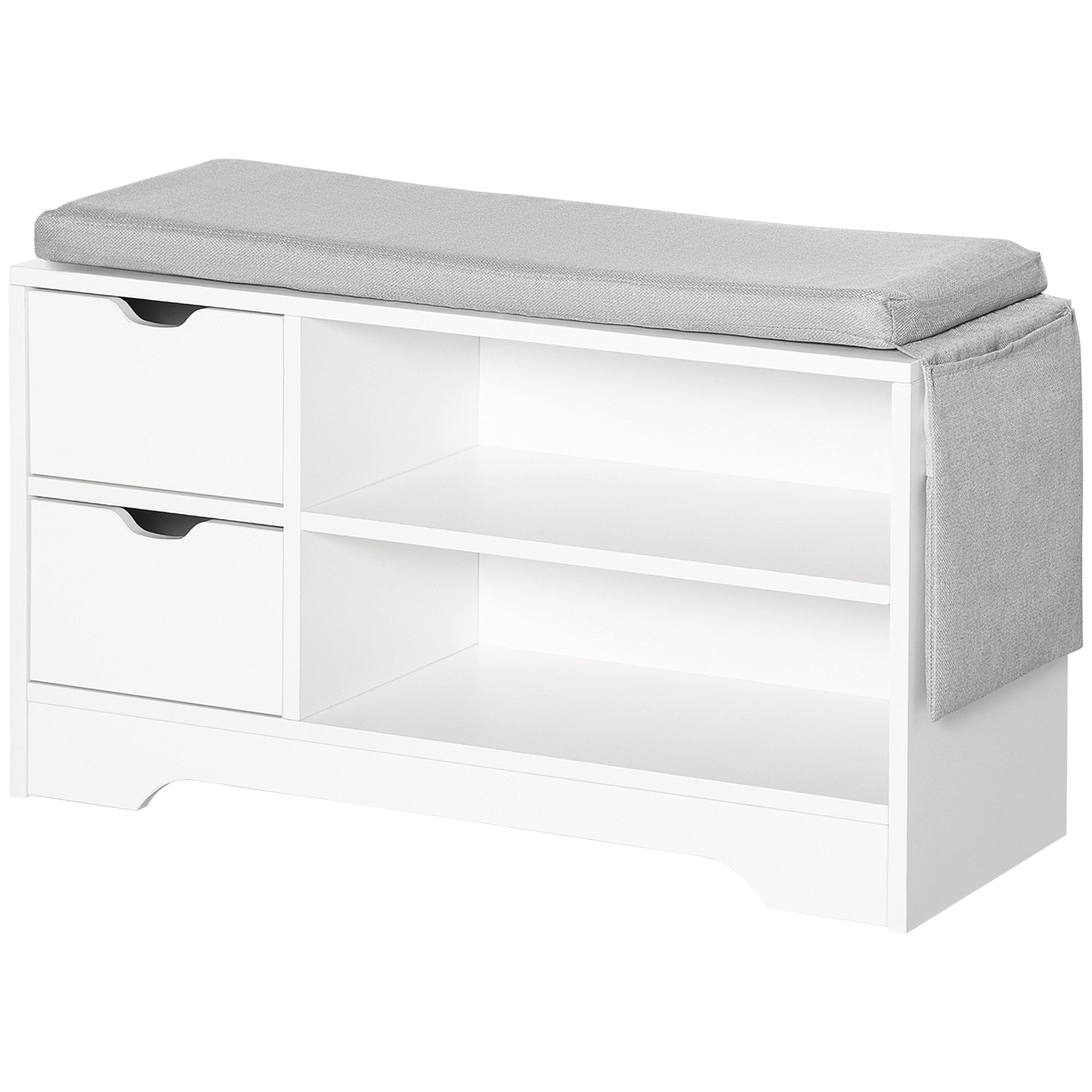 Shoe Bench with Storage, Entryway Bench w/Open Shelves, Drawers & Pocket, White