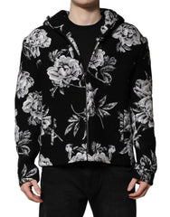 Black Wool Floral Printed Men Hooded Jacket Clothing
