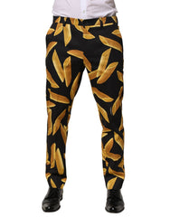Black Pasta Print Tapered Men Pants Cotton Elastane