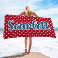 Toalla de playa personalizada de lunares multicolor de secado rápido con nombre Esenciales de viaje Cumpleaños Vacaciones de verano Fiesta Regalo para amigos