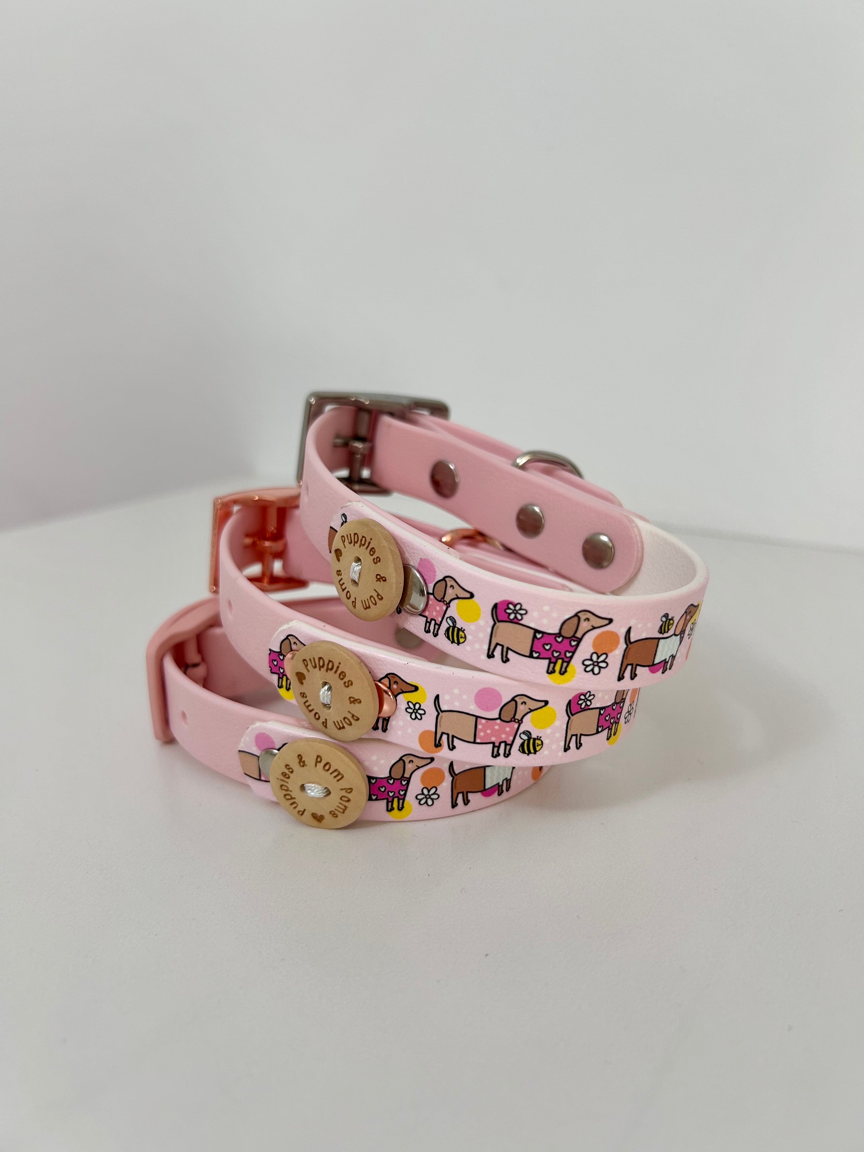 Bee Happy Dachshunds - Handmade Biothane Dog Collar - Baby Pink