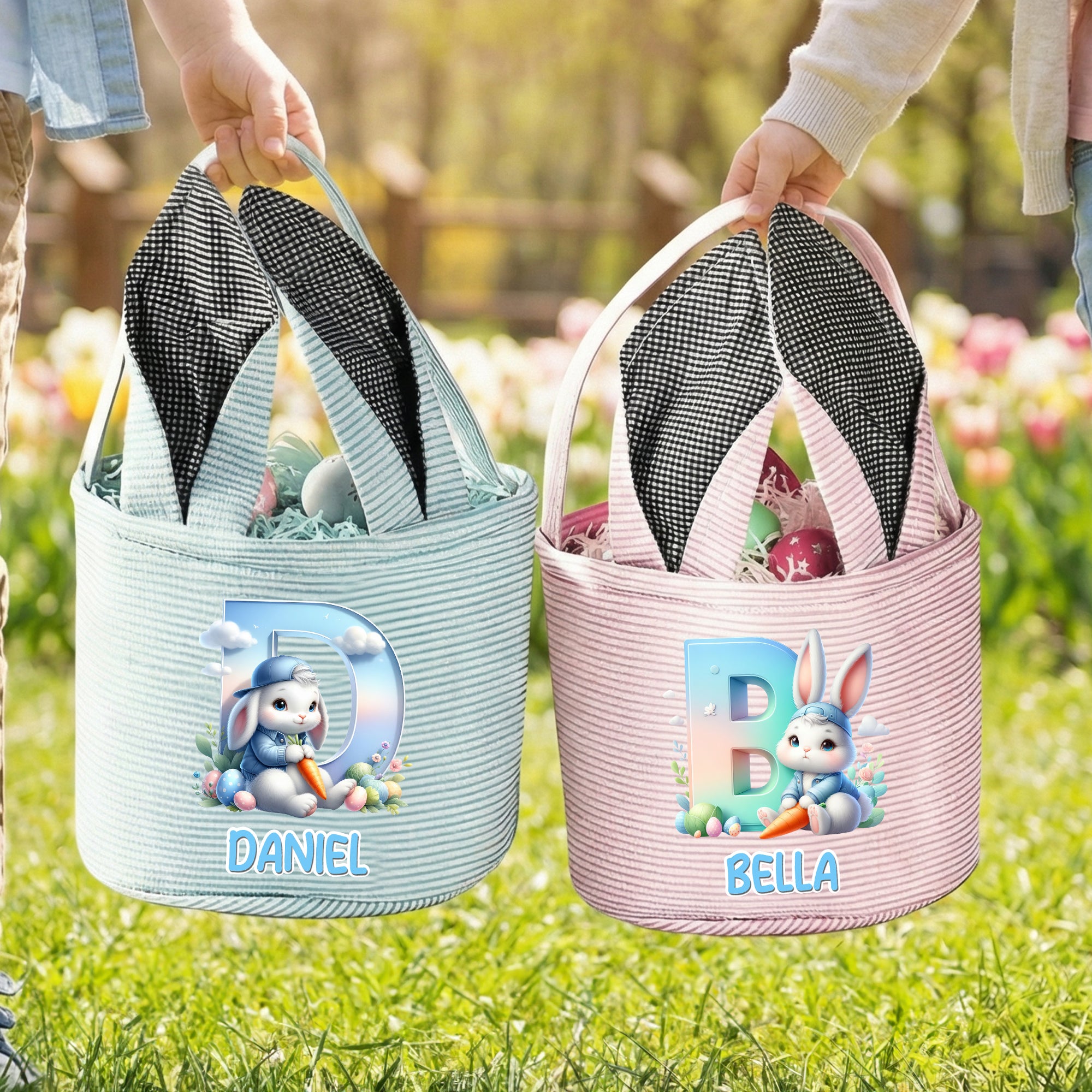 Personalizado lindo conejito orejas nombre conejo raya cesta de Pascua con la inicial de los huevos de caza del partido Favor de Pascua de regalo para los niños
