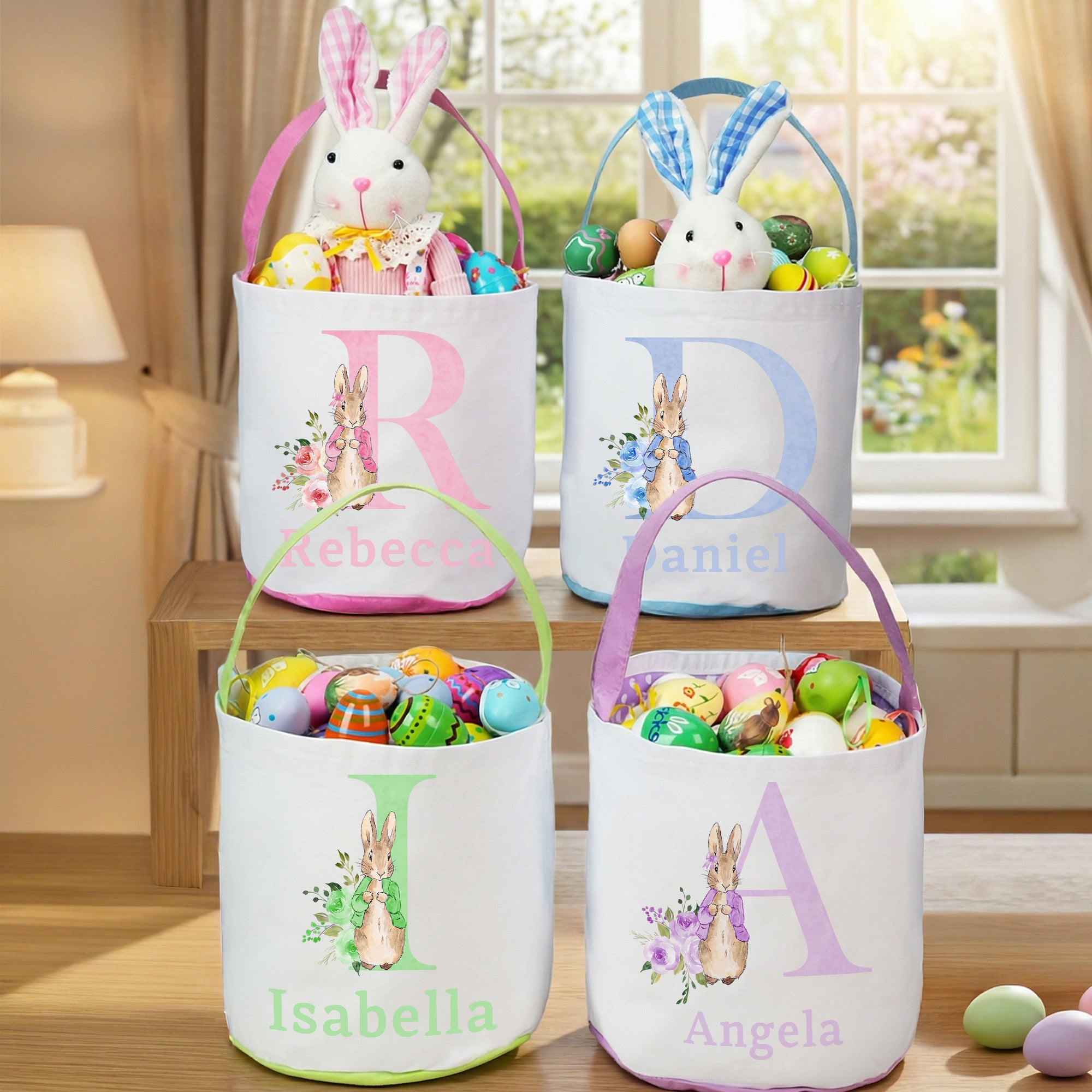 Cesta de Pascua personalizada con el nombre Peter Rabbit Initial Easter Egg Hunt Easter Party Favors Gift for Kids