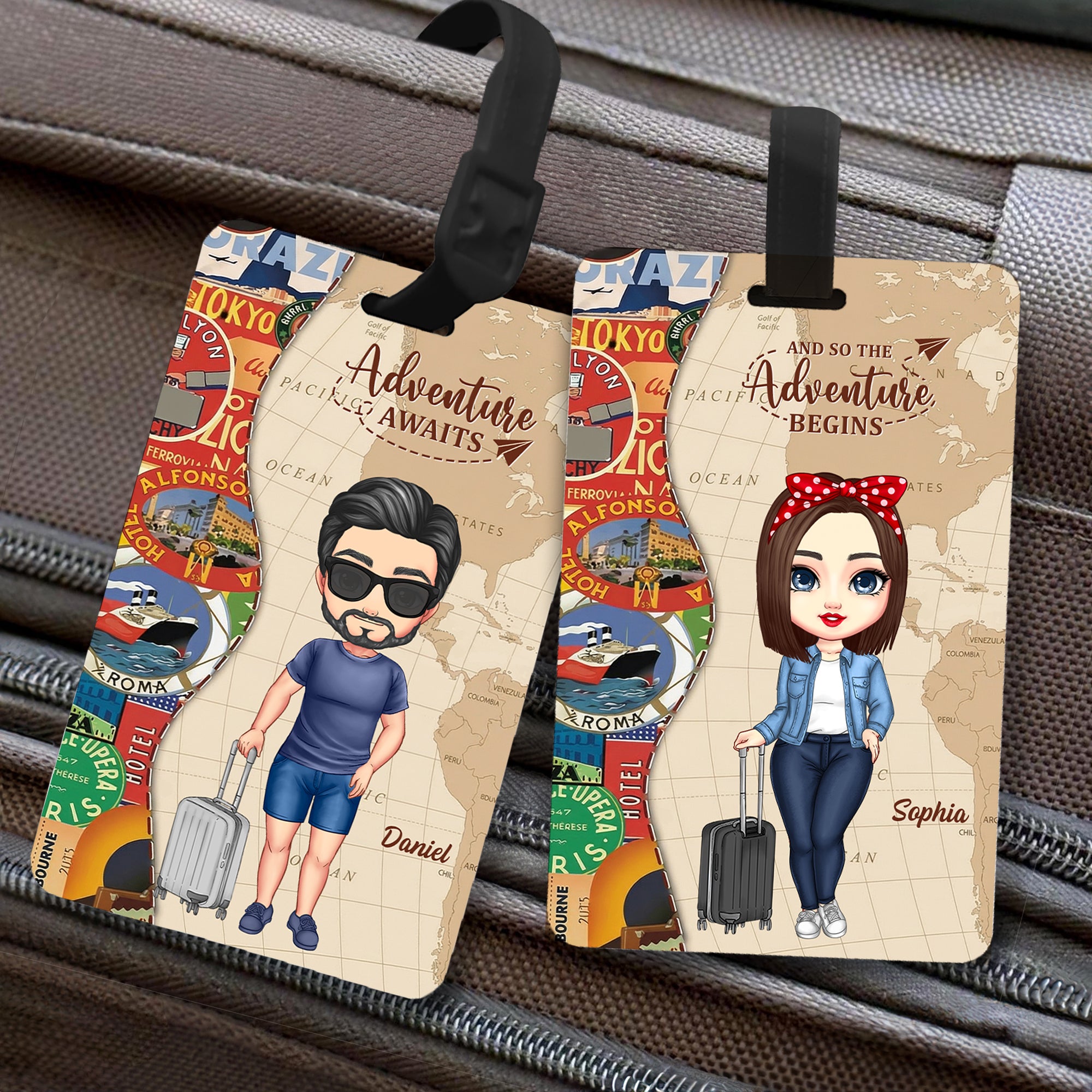 Etiqueta de equipaje personalizada con el nombre de un personaje de dibujos animados de un mapa Accesorio de viaje Regalo de cumpleaños para familiares y amigos