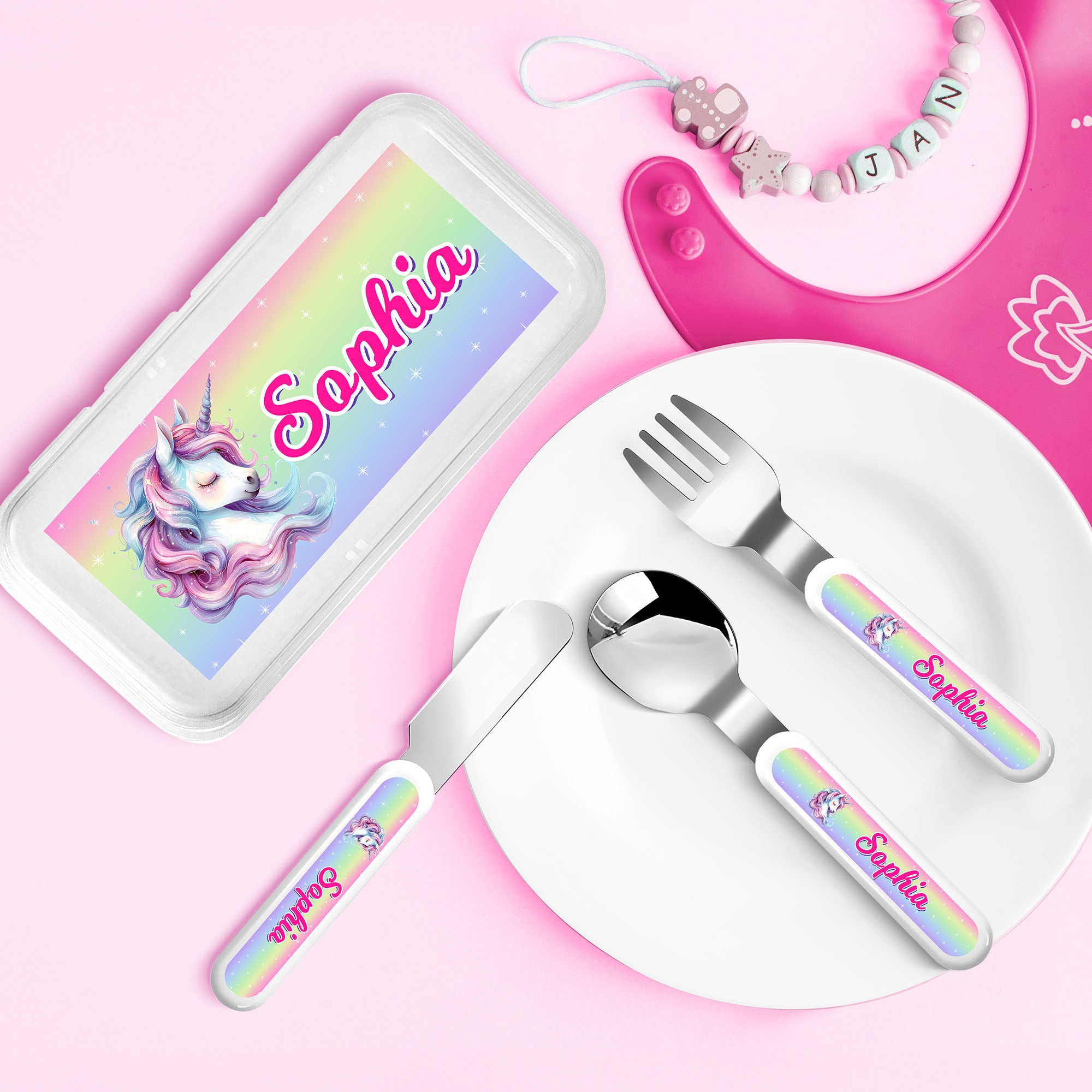 Personalizado Fantasía Unicornio Seguro Acero Inoxidable Multicolor Tenedor Cuchara Cuchillo 3 Piezas Juego de Cubiertos con Estuche Regalo de Cumpleaños de Vuelta al Cole para Niños