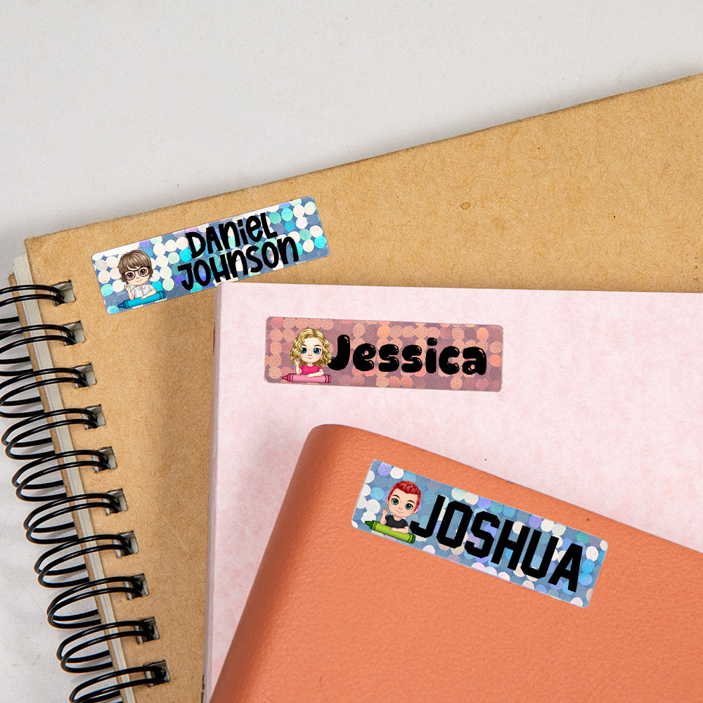 Personalizado Cartoon Character Crayon Holográfico Pegatinas con Nombre Identidad Etiqueta de vuelta a la escuela Cumpleaños Regalo para Niños Estudiantes