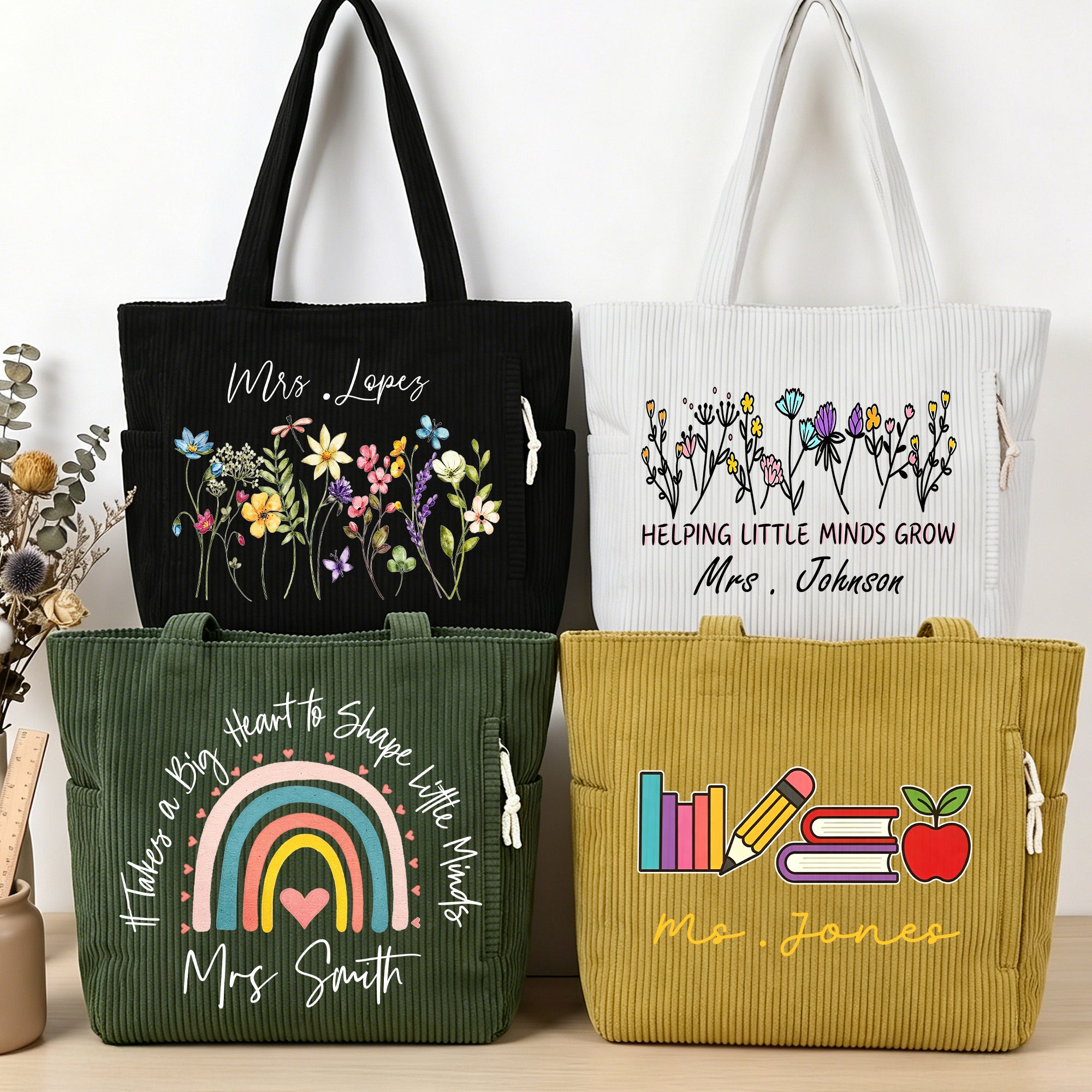 Bolsa de pana de gran capacidad personalizada con el nombre del profesor Regalo esencial para el Día del Profesor en su cumpleaños