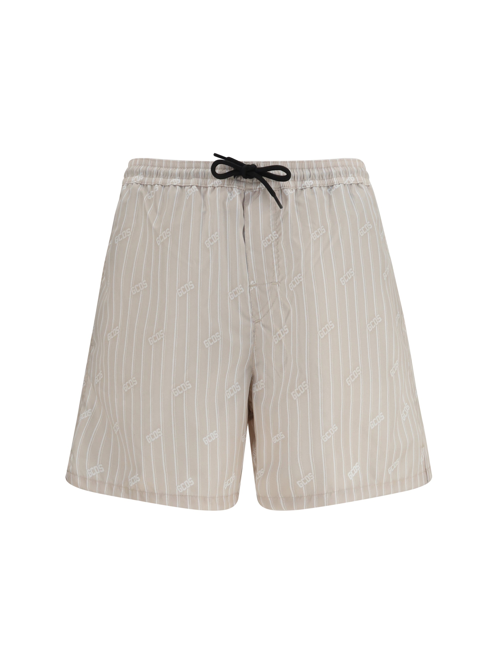 GCDS Striped All-Over Logo Swim Shorts — Beige