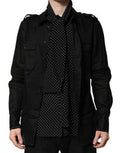 Men's Black Polka Dot Collar Tie Neck Casual Shirt Flax Silk