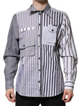 White Gray Striped Cotton Men Casual Shirt Nylon Elastane