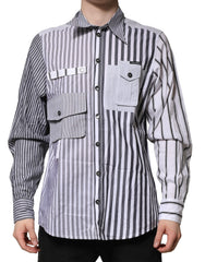 White Gray Striped Cotton Men Casual Shirt Nylon Elastane