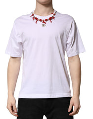 Men's White Embellished Cotton Crew Neck T-Shirt