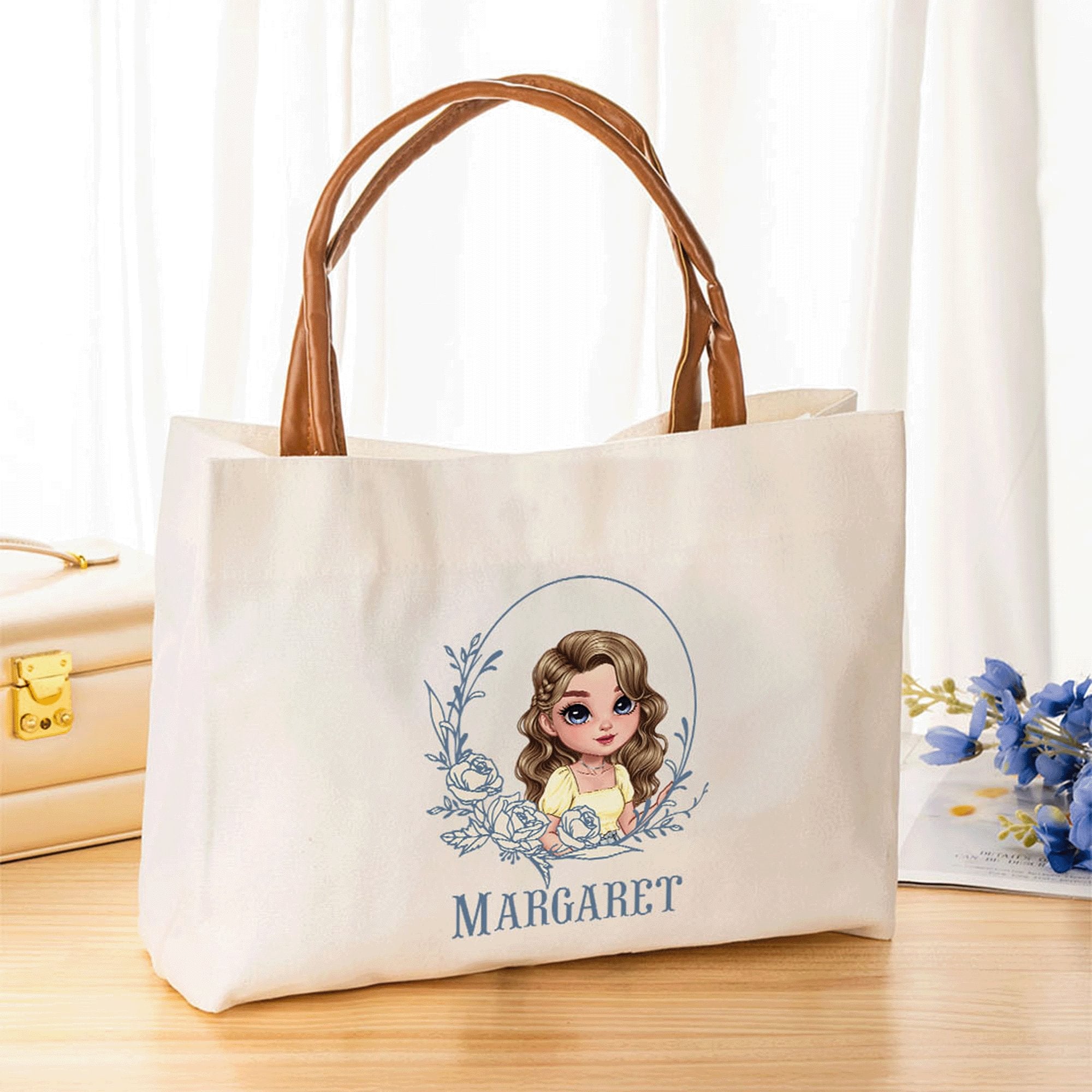 Personalizada Retro Cartoon Carácter Nacimiento Flor Gran Capacidad Bolsa de lona con nombre Cumpleaños Boda Día de la Madre Regalo para ella