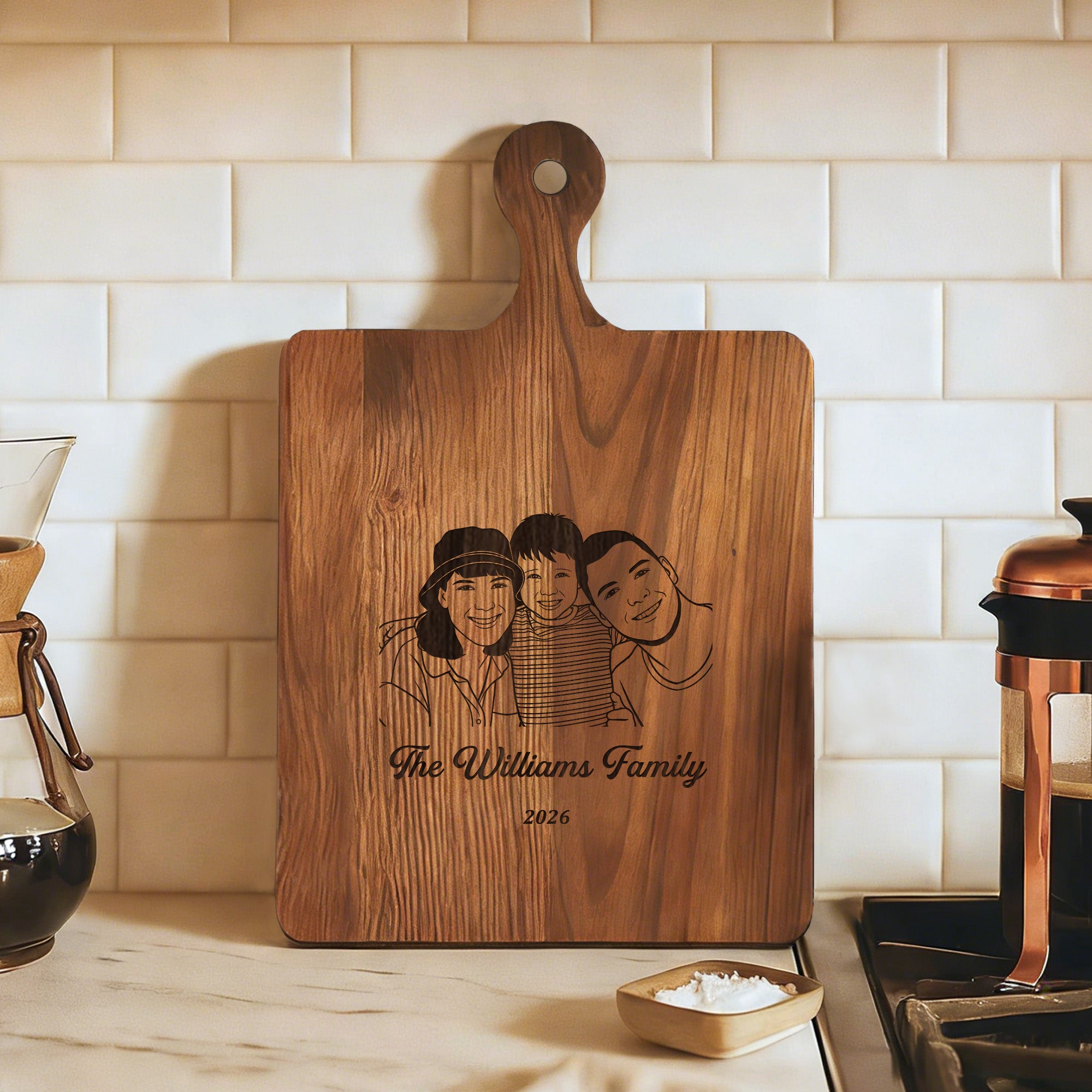 Tabla para cortar embutidos con texto y asa, personalizada y grabada con foto Decoración de cocina Regalo de inauguración para un amigo de la familia