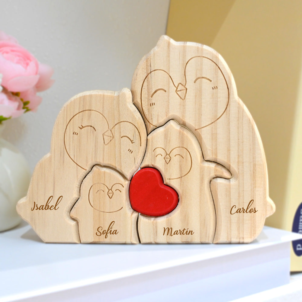 Rompecabezas de madera personalizado con familia de pingüinos y 2-5 nombres grabados decoración para el hogar regalo de cumpleaños para la familia