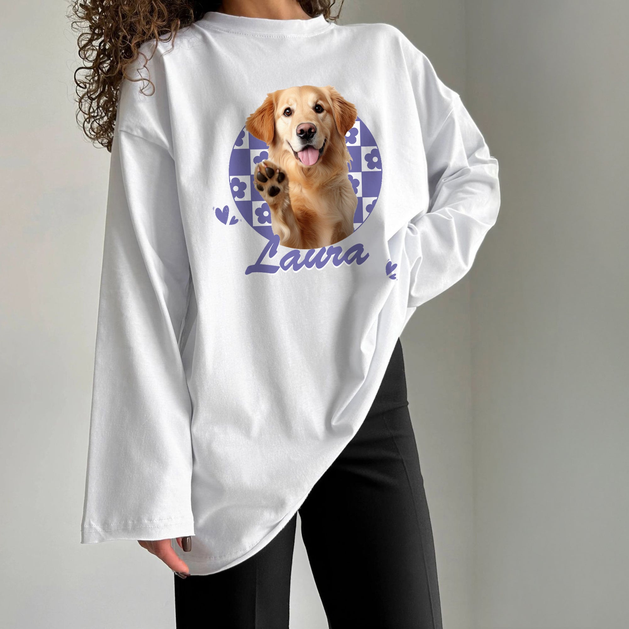Camisa de manga larga personalizada 100% algodón con foto en damero y nombre Regalo de cumpleaños para los amantes de las mascotas