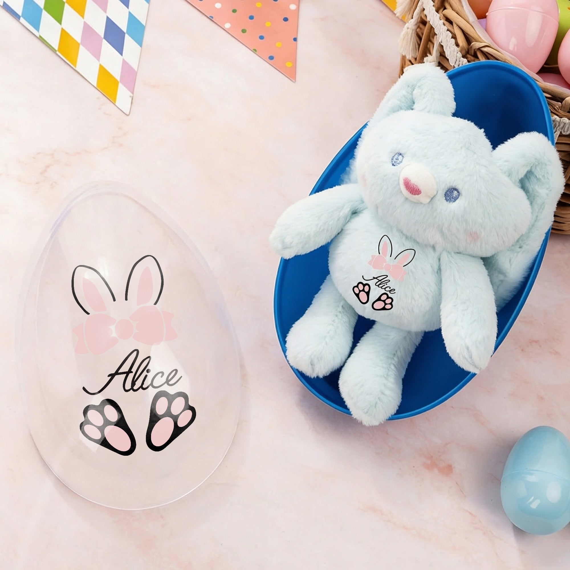 Conejito de Pascua personalizado Huevo de Pascua gigante rellenable y llavero elástico de conejito de peluche con nombre Rellenos para cestas Regalo para fiesta de Pascua para niños