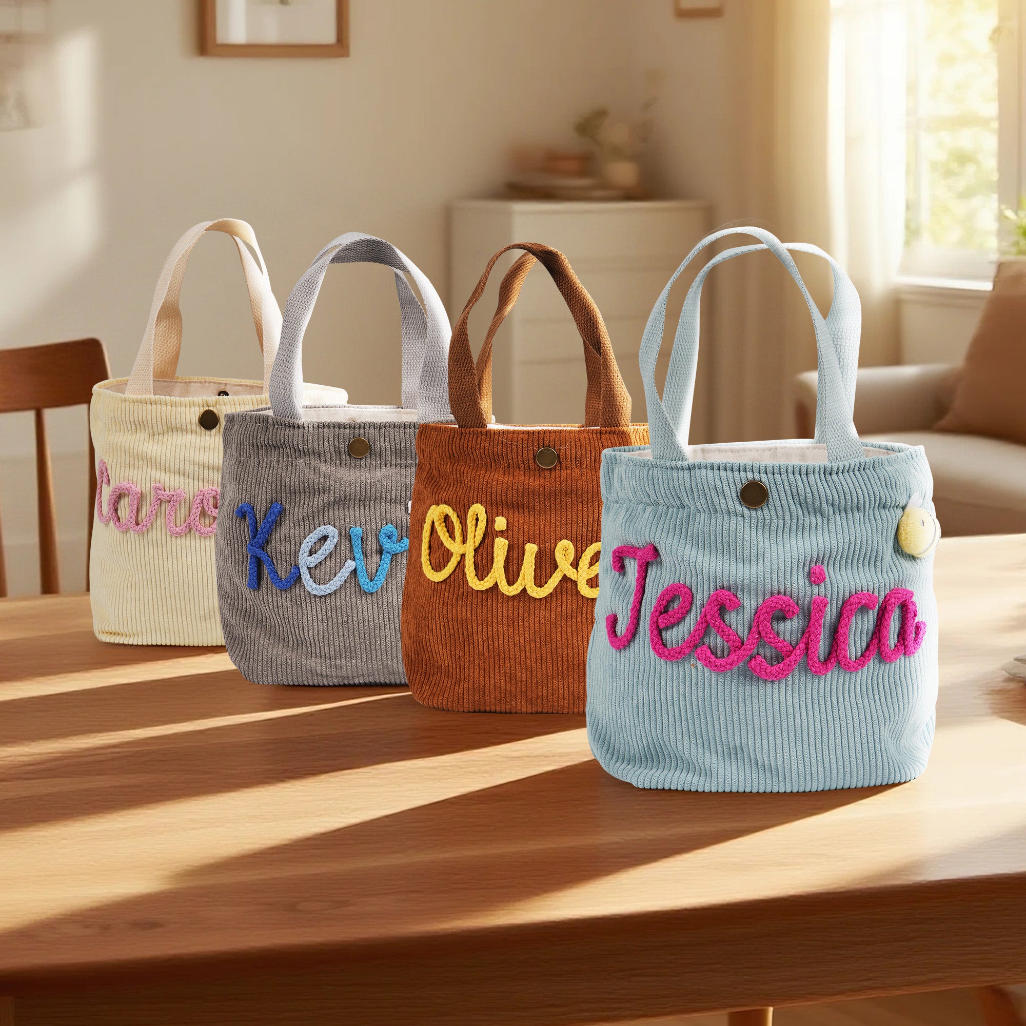 Bolsa de pana personalizada con nombre trenzado multicolor y lazo de flores para animales Accesorio de viaje diario Regalo de cumpleaños escolar para niños pequeños