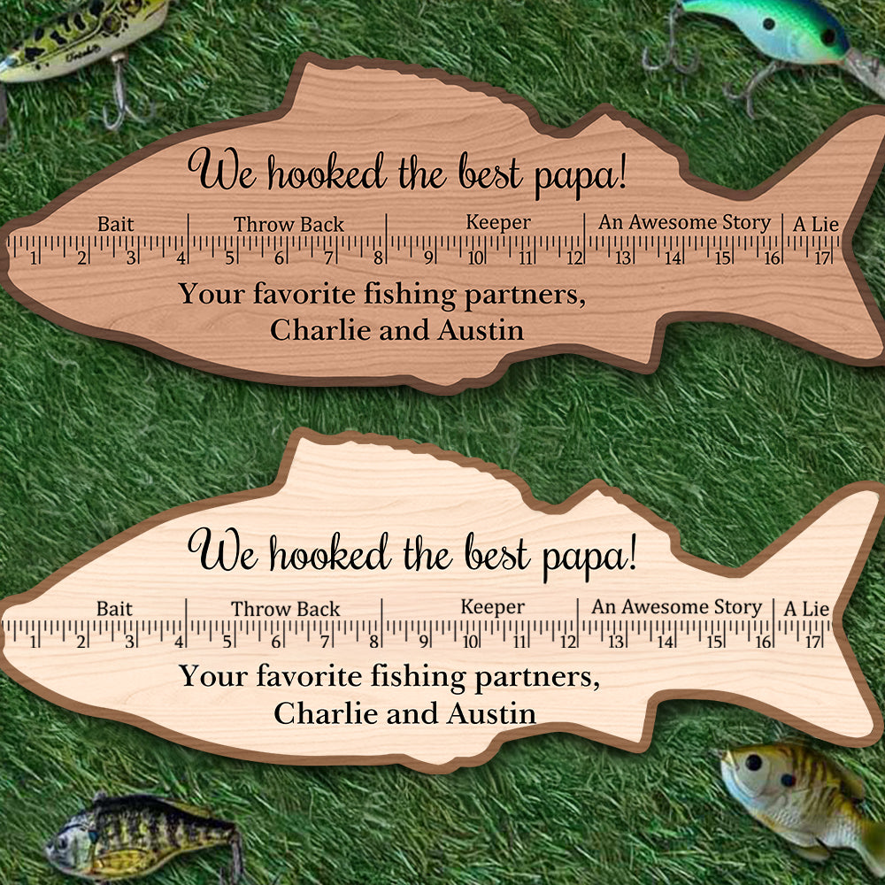 Regla de tilo personalizada en forma de pez con texto Artículos de pesca Divertido regalo de cumpleaños para papá en el Día del Padre