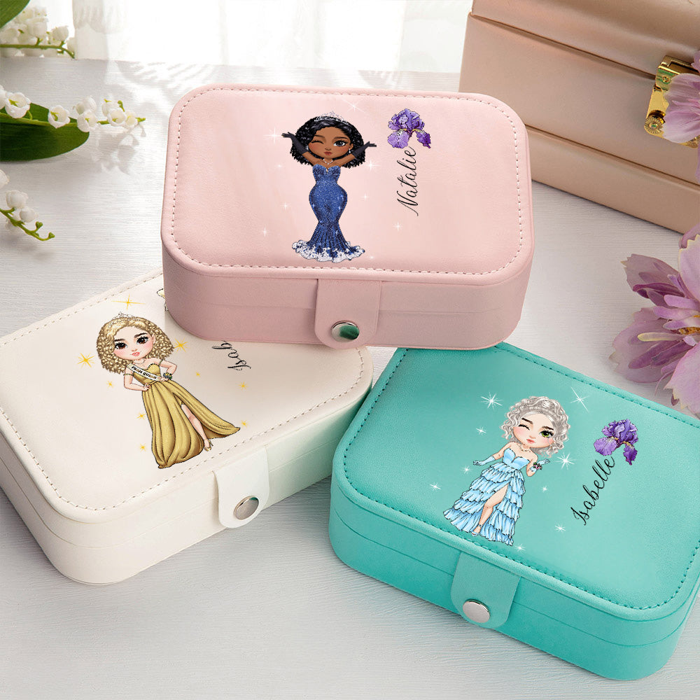 Personalizado de moda Prom Reina Nacimiento Flor PU Caja de joyería de cuero con nombre Fiesta Nupcial Cumpleaños Regalo para damas de honor Mujeres