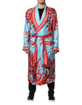 Men's Blue Red Coral Print Wrap Robe Coat Jacket Light Silk Clothing