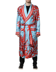 Men's Blue Red Coral Print Wrap Robe Coat Jacket Light Silk Clothing