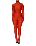 Women's Red Nylon Turtleneck Bodycon Jumpsuit Dress Elastane