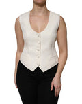 Women's Ivory Cotton Button Down Sleeveless Vest Top Off White Silk