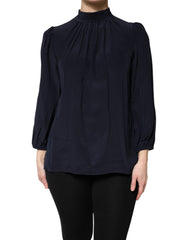 Women's Blue Silk Mock Neck Long Sleeves Blouse Top