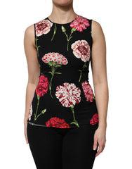 Women's Black Floral Print Sleeveless Tank Blouse Top Silk Elastane