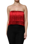 Women's Red Silk Strapless Fringe Crop Tube Top Elastane