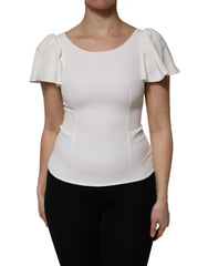 Women's White Viscose Round Neck Short Sleeves Top Acetate Elastane